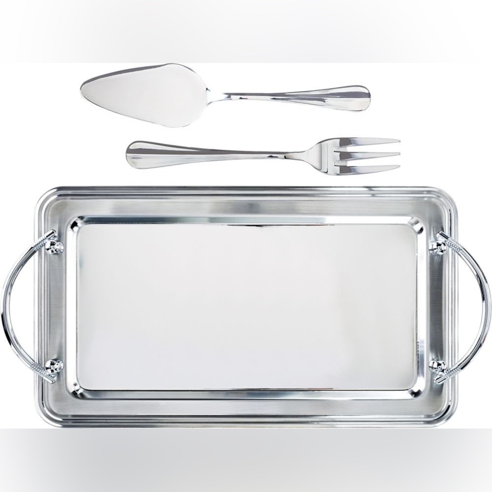 NIB Ulta Stainless Steel 3 Piece Serving Set TRAY AND 2 UTENSILS